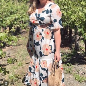 Floral Tiered Midi Dress in Cream with Peach Blooms